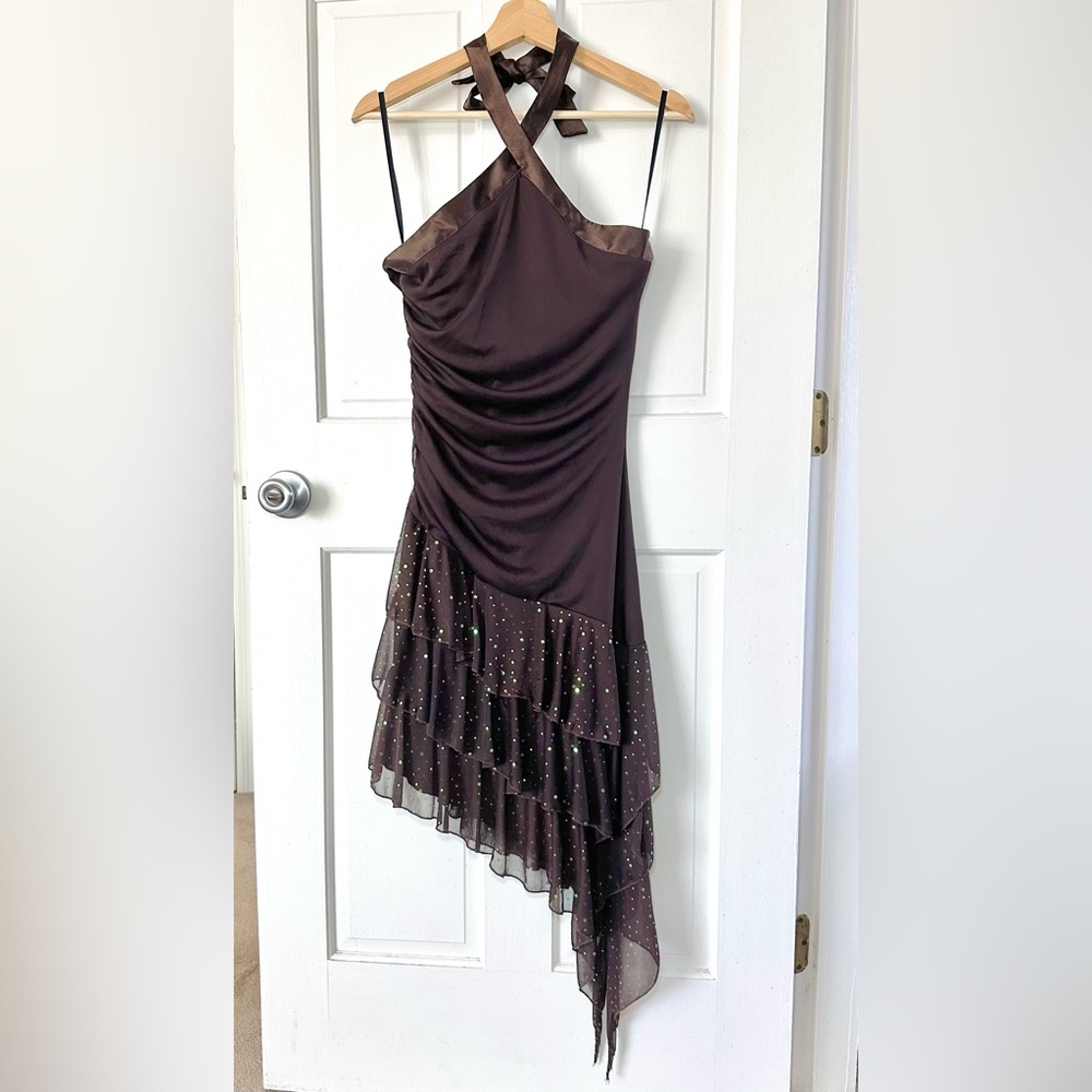 Vintage 90s A. Byer Brown Halter Dress Asymmetrical Sequin Tiered Flutter Size L - Picture 1 of 15